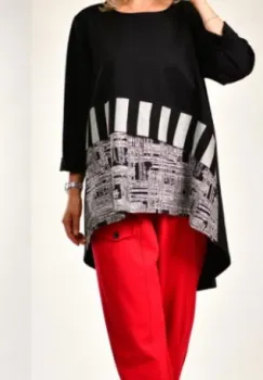 Bluza lunga asimetrica cu imprimeu grafic alb-negru imagine