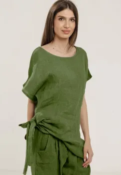 Bluza lunga din in colt si funda, verde oliv imagine