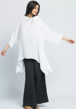 Bluza lunga in colturi, din in, cu gluga, alba imagine