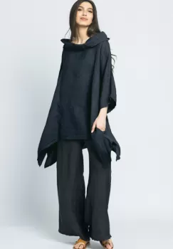 Bluza lunga in colturi, din in, cu gluga, bleumarin imagine