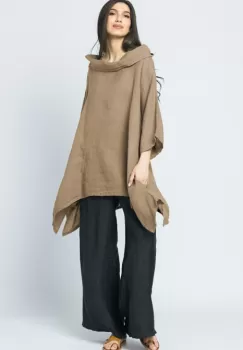 Bluza lunga in colturi, din in, cu gluga, camel imagine