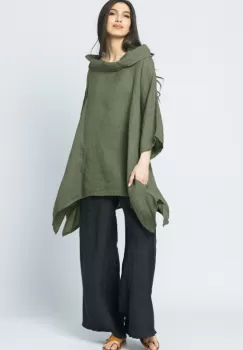 Bluza lunga in colturi, din in, cu gluga, kaki imagine