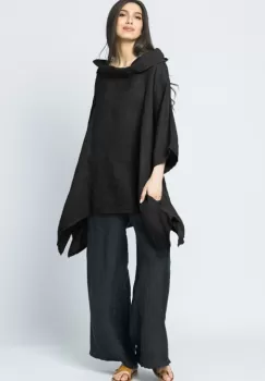 Bluza lunga in colturi, din in, cu gluga, neagra imagine