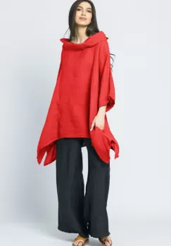 Bluza lunga in colturi, din in, cu gluga, rosie imagine