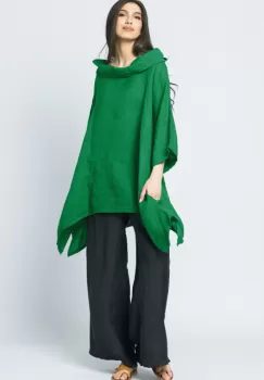 Bluza lunga in colturi, din in, cu gluga, verde imagine