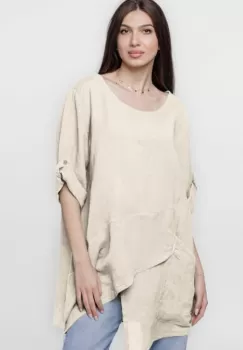 Bluza lunga tunica, in colturi, din in, bej imagine