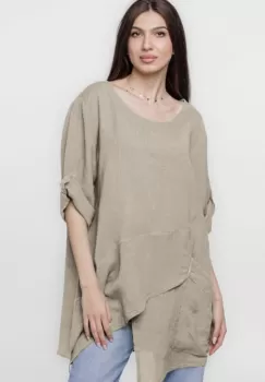 Bluza lunga tunica, in colturi, din in, bej inchis imagine