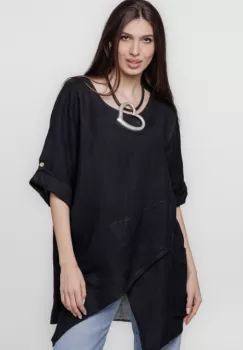 Bluza lunga tunica, in colturi, din in, neagra imagine