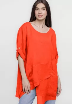 Bluza lunga tunica, in colturi, din in, portocalie imagine