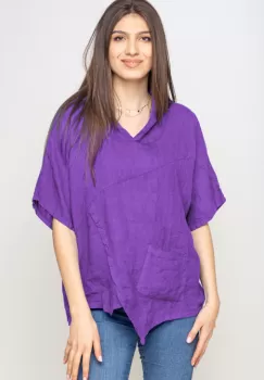 Bluza mov asimetrica din in, cu gluga imagine