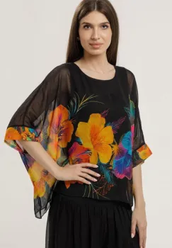 Bluza neagra din matase si vascoza cu maneca scurta si imprimeu floral exotic imagine