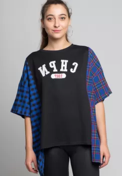 Bluza oversize neagra cu ecosez albastru imagine