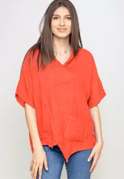 Bluza portocalie asimetrica din in, cu gluga imagine