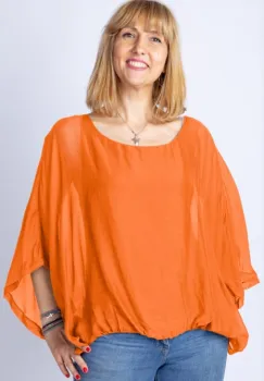 Bluza portocalie din matase naturala cu maneca fluture imagine