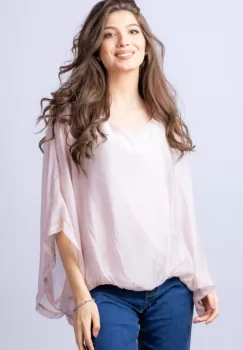 Bluza roz diafan din matase naturala cu maneca fluture imagine