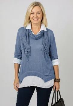 Bluza si camasa trei in unu, cu tricot fin, camasa din bumbac si esarfa cu franjuri dantelati, albastru jeans imagine