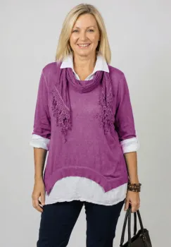 Bluza si camasa trei in unu, cu tricot fin, camasa din bumbac si esarfa cu franjuri dantelati, mov imagine