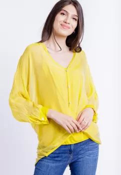 Bluza tip camasa, cu fald, din matase naturala galbena, cu dublura imagine