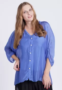 Bluza tip camasa din matase naturala albastru electric, cu elastic la maneci si dublura imagine