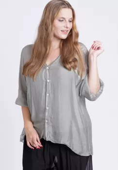 Bluza tip camasa din matase naturala kaki, cu elastic la maneci si dublura imagine