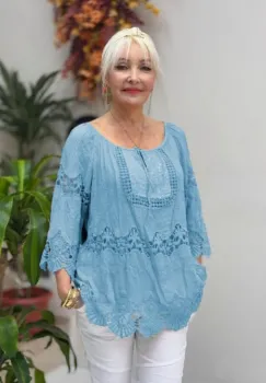 Bluza tip ie cu dantela si paiete fine incolore din matase si vascoza bleu brodata imagine