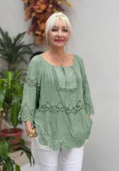 Bluza tip ie cu dantela si paiete fine incolore din matase si vascoza kaki brodata imagine