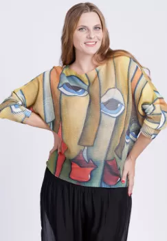 Bluza tricotaj subtire cu imprimeu stil Picasso pe fond galben imagine