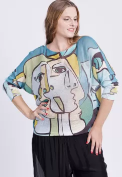 Bluza tricotaj subtire cu imprimeu stil Picasso pe fond turcoaz imagine