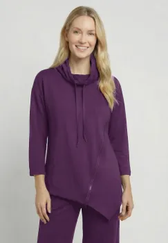 Bluza tunica cu colt, din vascoza, cu guler inalt, fermoar oblic si croi asimetric, mov imagine