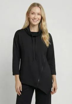 Bluza tunica cu colt, din vascoza, cu guler inalt, fermoar oblic si croi asimetric, neagra imagine