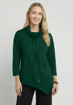 Bluza tunica cu colt, din vascoza, cu guler inalt, fermoar oblic si croi asimetric, verde imagine