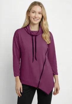 Bluza tunica cu colt, guler inalt reglabil si fermoar oblic, mov zmeura imagine