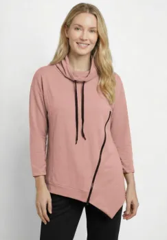 Bluza tunica cu colt, guler inalt reglabil si fermoar oblic, roz prafuit imagine