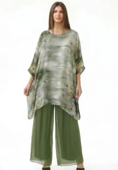 Bluza tunica din matase si vascoza in colturi cu imprimeu pictural in nuante de verde oliv, kaki si galben imagine