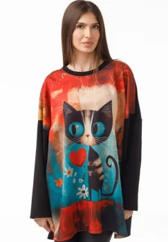 Bluza tunica oversized neagra cu pisica haioasa si inimioara din vascoza imagine