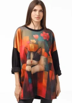 Bluza tunica oversized neagra cu pisica somnoroasa, din vascoza imagine