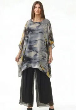 Bluza tunicadin matase si vascoza in colturi cu imprimeu pictural cu negru, gri si galben imagine