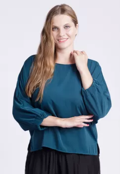 Bluza turcoaz inchis larga cu nasturei pe spate si maneci fluture imagine