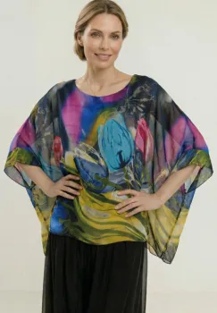 Bluza vaporoasa tip poncho din matase, croi oversized cu print lalele stilizate fond bleumarin imagine