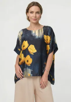 Bluza vaporoasa tip poncho din matase si vascoza, croi oversized cu print floral pe fond albastru si maneci largi fluide - Copie imagine