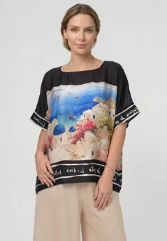 Bluza vaporoasa tip poncho din matase si vascoza, croi oversized cu print peisaj mediteranean si maneci largi fluide imagine