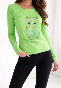 Bluza verde din bumbac  pictata manual ,cu bufnita imagine