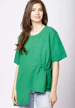 Bluza verde din in, asimetrica, cu siret lateral imagine