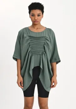 Bluza verde menta oversize din tencel cu pliseuri pe fata imagine