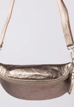 Borseta din piele naturala cu fermoar si bareta reglabila, auriu inchis imagine