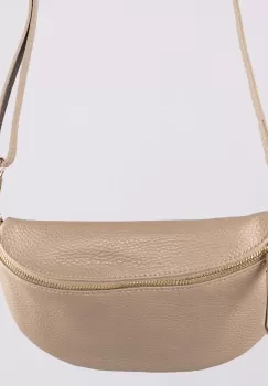 Borseta din piele naturala cu fermoar si bareta reglabila, bej inchis imagine