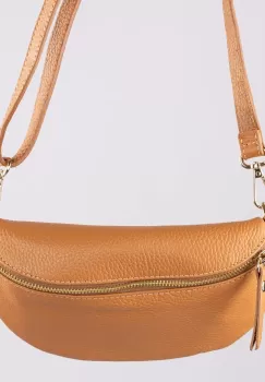 Borseta din piele naturala cu fermoar si bareta reglabila, camel imagine