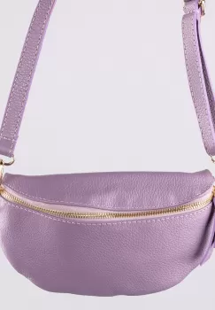 Borseta din piele naturala cu fermoar si bareta reglabila, mov deschis imagine