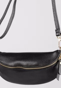 Borseta din piele naturala cu fermoar si bareta reglabila, neagra imagine