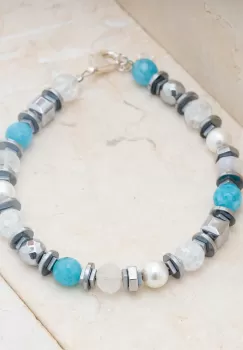 Bratara argint cu jad vopsit, perle, cuart de stanca si hematit imagine